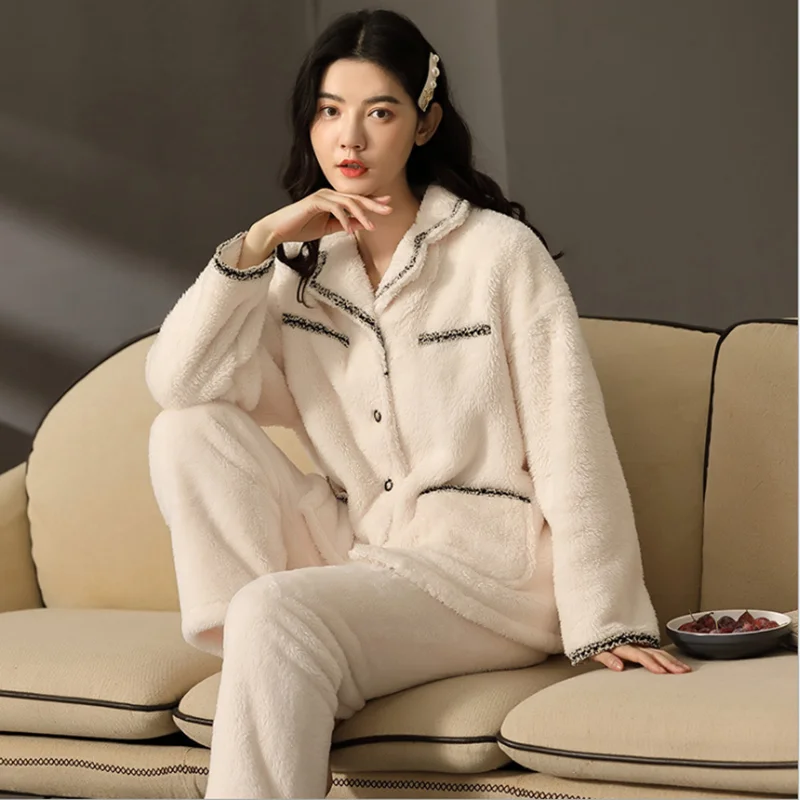 

Pajamas women autumn and winter coral fleece plus velvet thickening sweet and cute simple winter flannel warm home service suit
