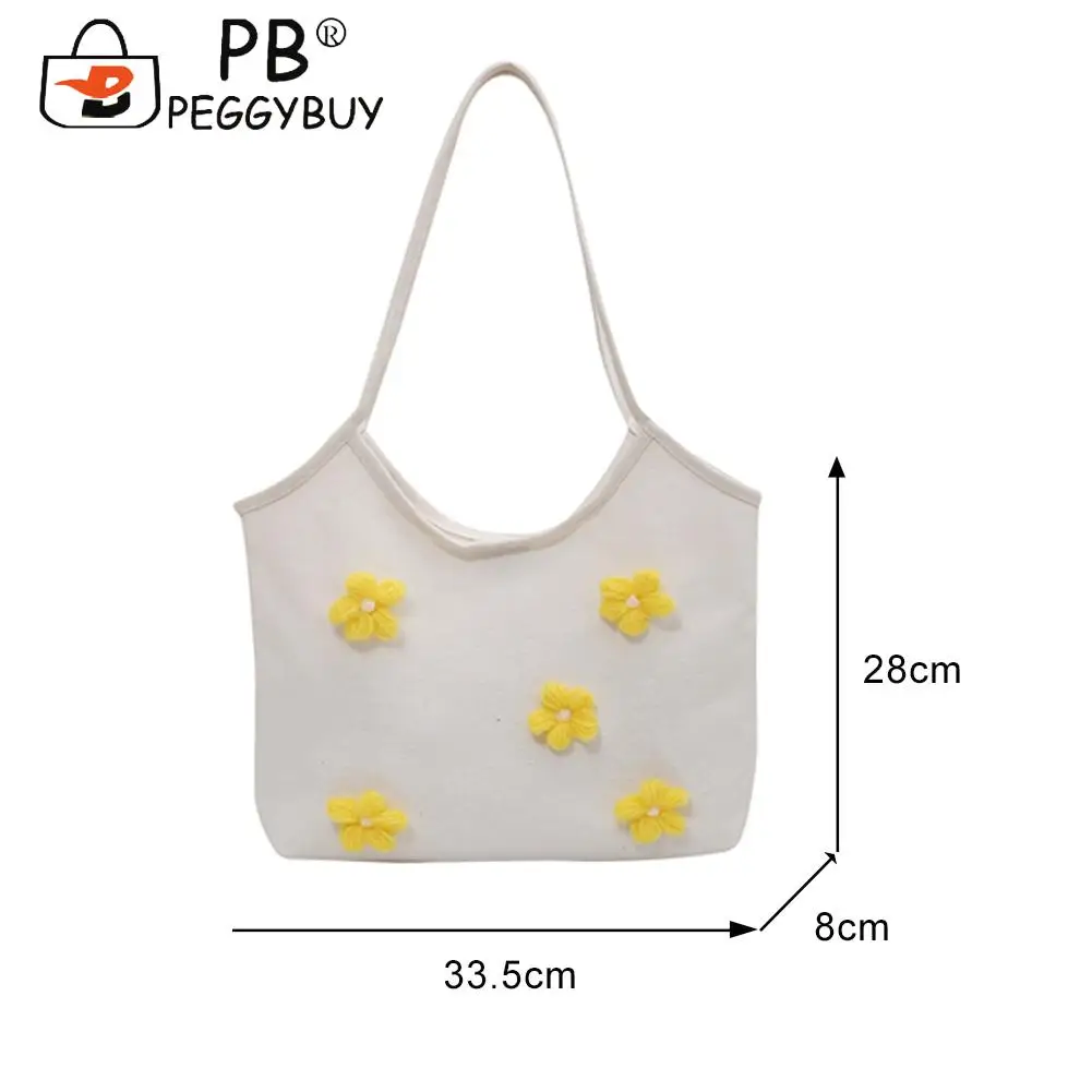 

Fashion Women Flowers Decor Canvas Shoulder Underarm Bag Casual Al-match Pure Color Large Capacity Hasp Shopping Handbags