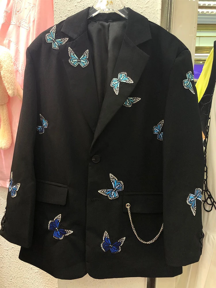 

Free shipping heavy craft embroidery butterfly pattern pocket chain loose suit suit jacket lady autumn new personality