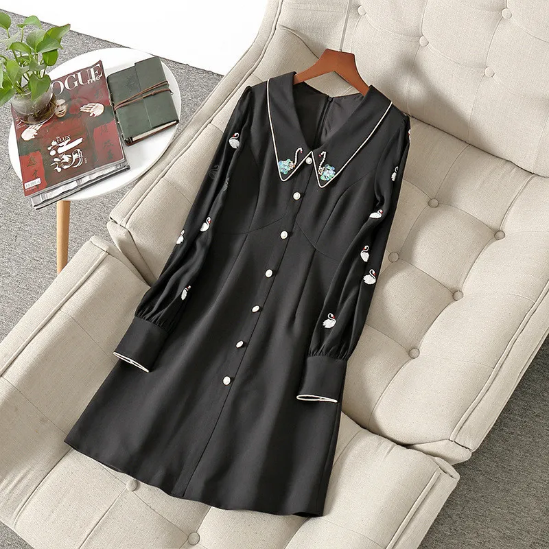 

High Quality Runway Fashion Spring Long Sleeve Dress Beading Festa Woman Clothes Elegant Designer Party Robe Femme Black Vestido