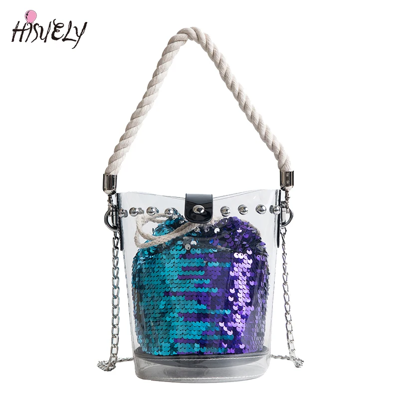 Новинка 2021 модная Прозрачная женская сумочка с блестками и заклепками сумка на