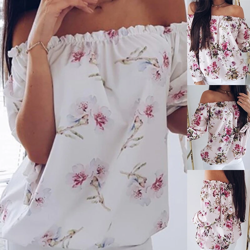 Spring Womens Floral Off Shoulder Tops New Ladies Sexy Large Size Pink White T-shirt Autumn Woman 3/4 Sleeve T Shirts | Женская одежда