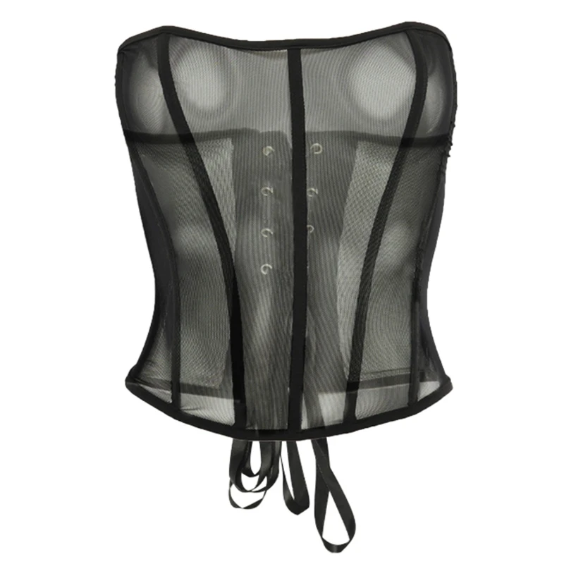 

Casual Sexy Black Corset Top Women's Summer Fishbone Lace Up Bustiers Curve Shaper Patchwork T-Shirt for streetwear