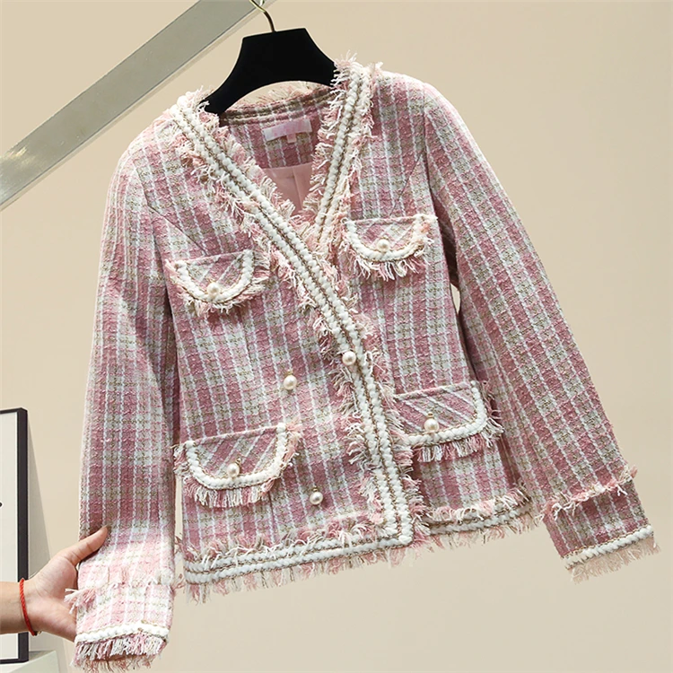 

Женская твидовая куртка в клетку, розовая короткая шерстяная куртка с V-образным вырезом и длинным рукавом, шикарное пальто, Осень-зима 2020