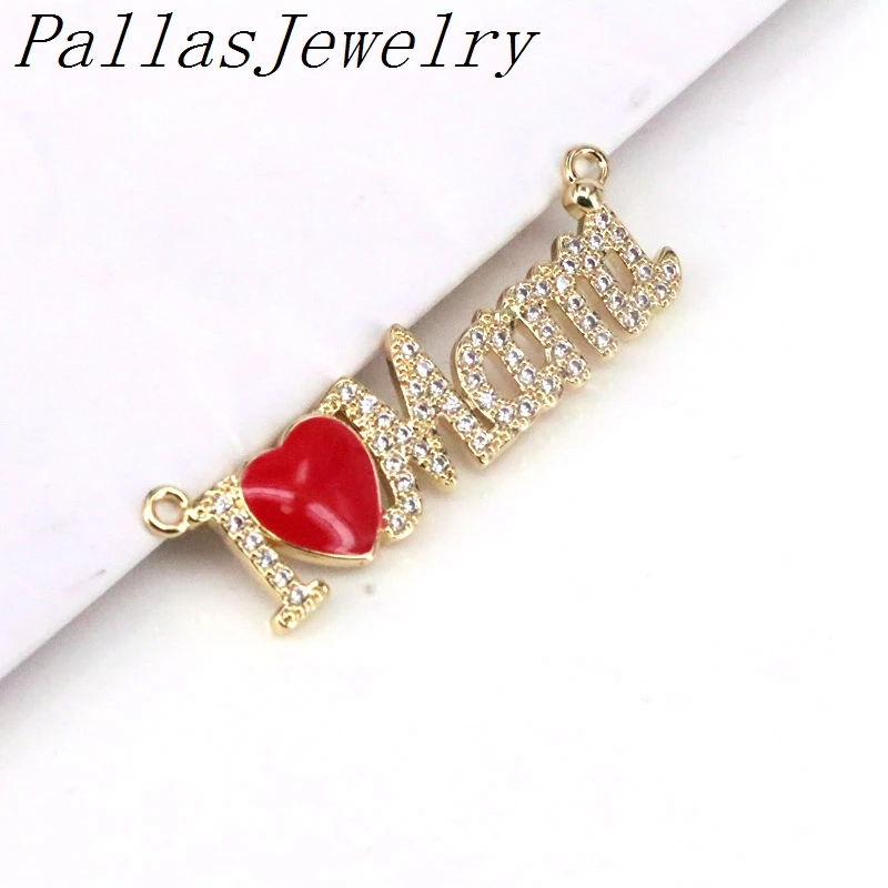 

10Pcs, Gold Filled CZ Micro Pave Mama On Heart Round Shape Pendant, Gold Color Charm, Mother's Day,Necklace Pendant