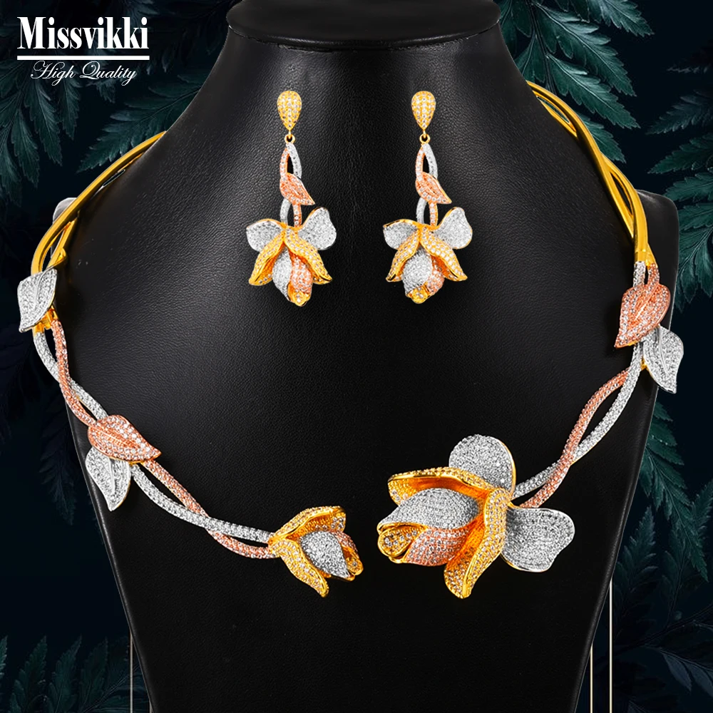 

missvikki Shiny Bloom Flowers Micro Pave CZ Necklace Bangle Earring Ring Sets Luxury Bridal Wedding Jewelry 4pcs Set For Women