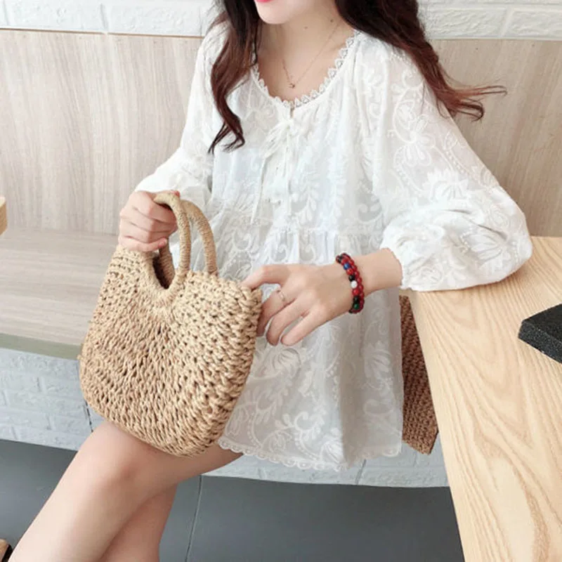 

Autumn New Style Korean Embroidered Doll Shirt Fluffy A-Line Sweet Lace-Up Lantern Sleeves Thin Blouse Shirt Women