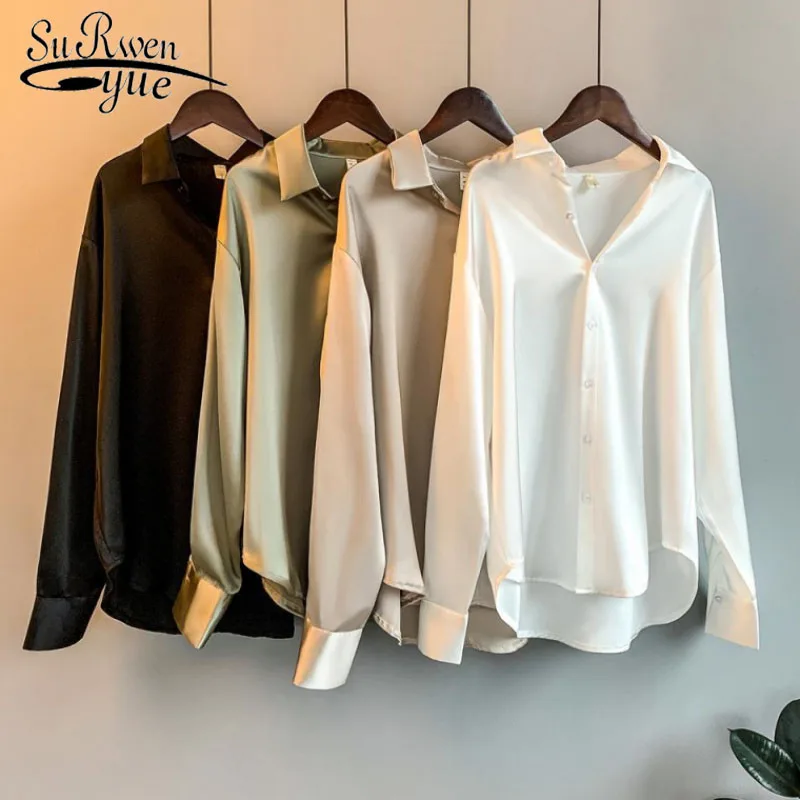 

Шелка в корейском деловом стиле элегантные рубашки блузка для женщин мода на пуговицах атласная рубашка в винтажном стиле, с длинным рукаво...