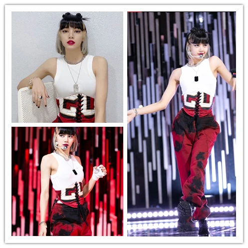 

Kpop Korean Celebrity Sexy White Strapless Slim O-Neck T-Shirts Tops+Tie dye Casual Loose Drawstring Pants Sweatpants Women Sets
