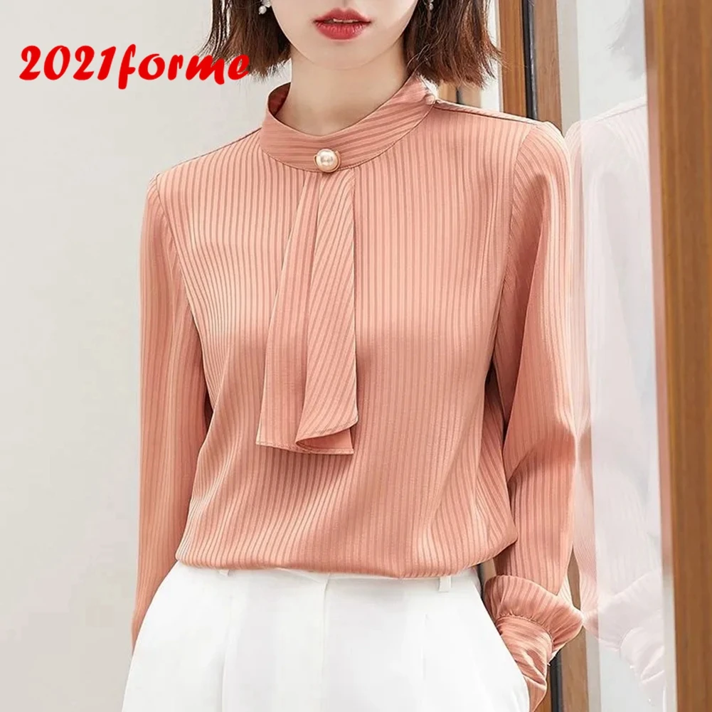 

Весенний Модный пуловер шифоновая рубашка с длинными рукавами для женщин однотонные с высоким, плотно облегающим шею воротником с жемчугом...