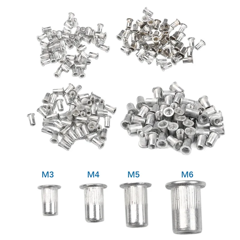 

200pcs Rivet Nuts Aluminum Rivetnuts Blind Set Nutserts Threaded Insert Nutsert Cap Flat Head Rivet Nuts M3 M4 M5 M6
