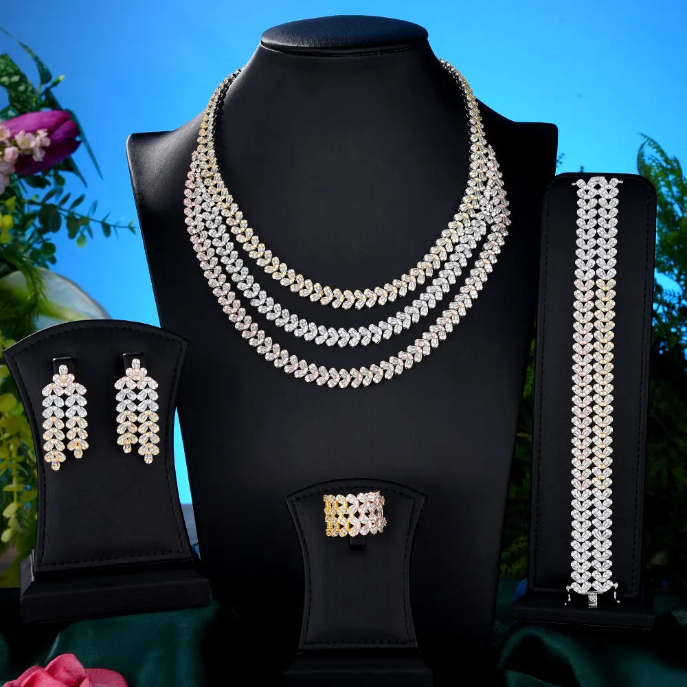 

GODKI 3 слоя роскошный 3 ToneSaudi Arabia набор украшений для женщин Свадебная вечеринка Циркон Кристалл Дубай Свадебный комплект ювелирных изделий п...