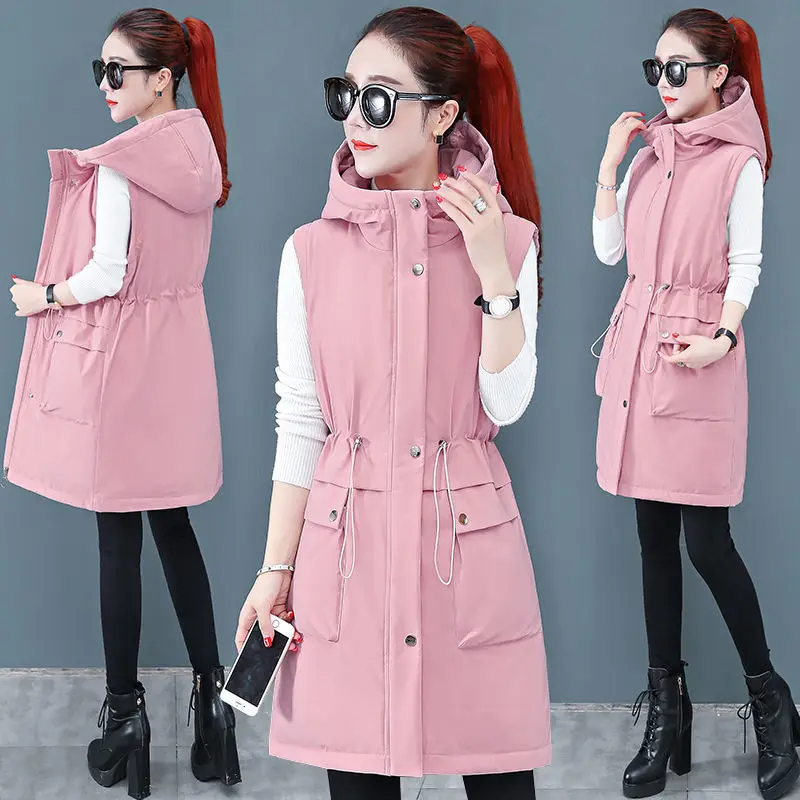 

2021Female New Winter Jacket Down Cotton Vest Women's Mid-Length Korean Version Vest Large Size Ladies Waistcoat Thick Coat WW72