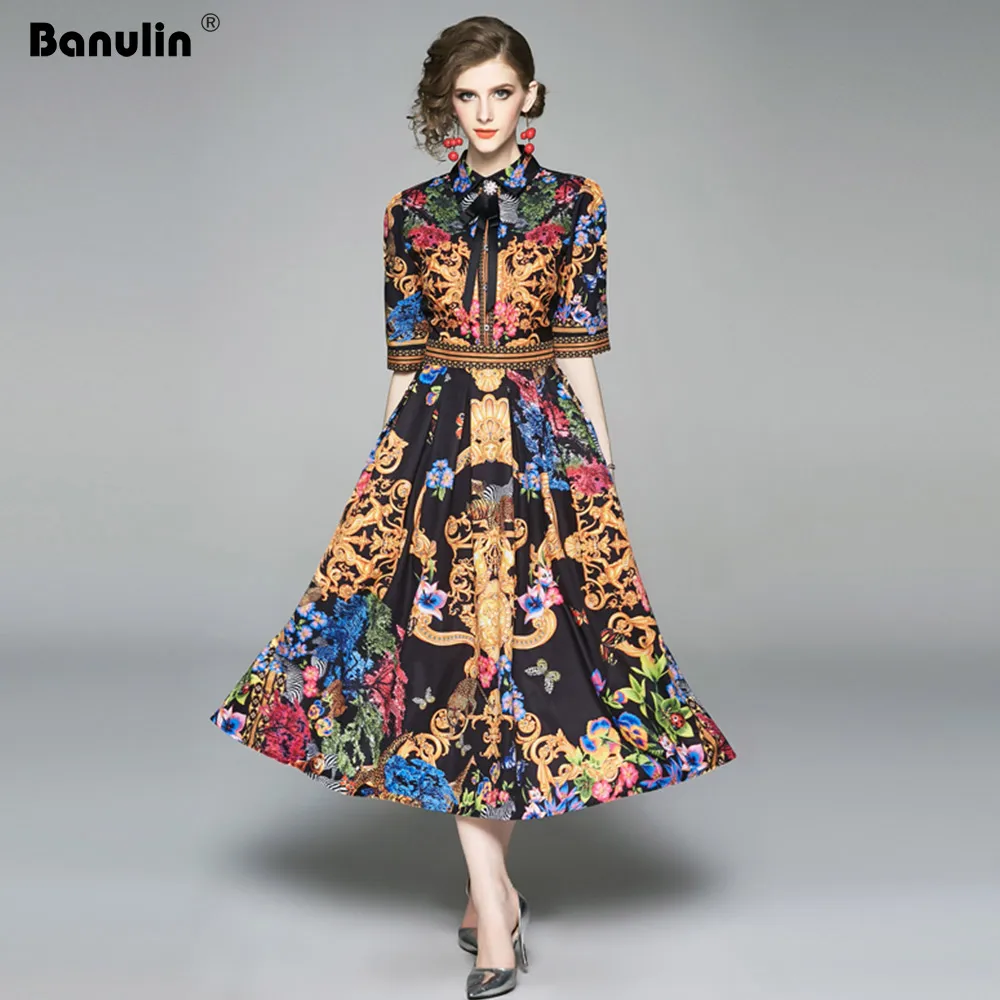 

2019 Summer Elegant Half Sleeve Dress Women Floral Print Runway Long Dress Fashions Button Diamonds Vintage Midi Dress B9119