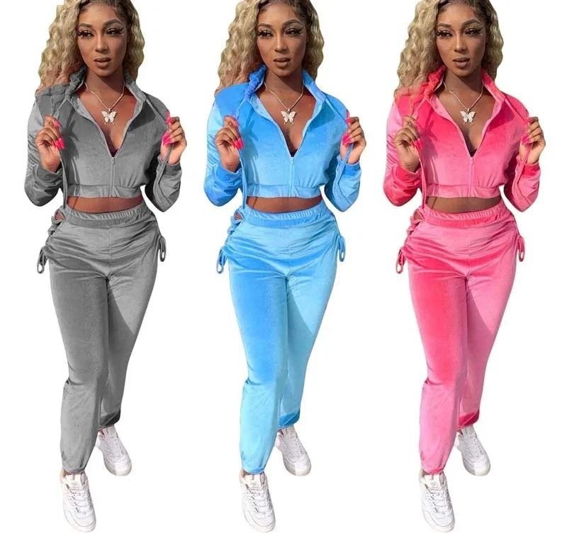 

Cutubly 2 Piece Set Outfits Solid Velvet Jogger Suits Sweatshirt Tops Pant Sets Women Sexy Two Pieces Girls Pants Suit New