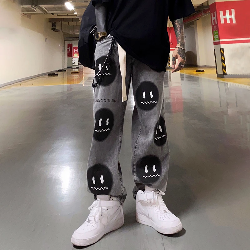 

Retro Greyish Black Smile Face Printed Jeans Men Hip Hop Loose Straight Pants Men hiphop for men biker jeans AN-E076