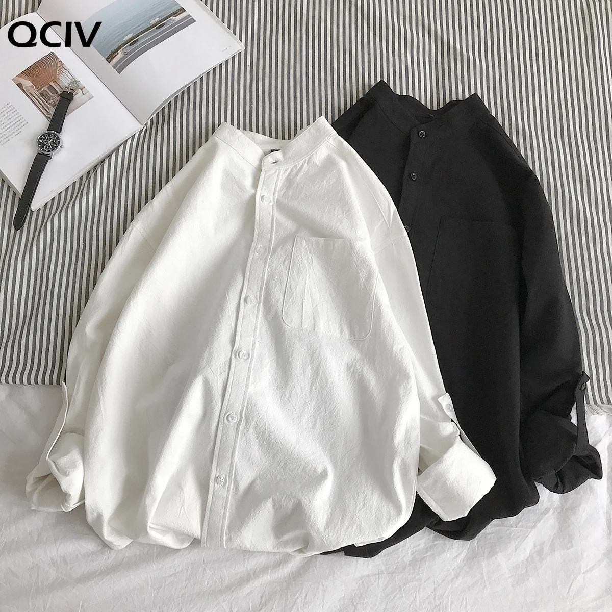 

Simple Design Solid Colors Long Sleeve Shirts Korean Fashion Mandarin Collar 100% Cotton White Black Shirt Soft and Comfort