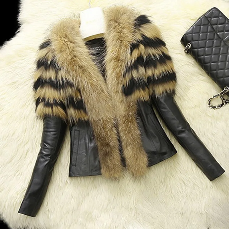 

Imitation Raccoon Fur Sheepskin Imitation Leather Clothing 2020 Winter Autumn Women's Motorcycle Leather Short Jacket Fur Coat