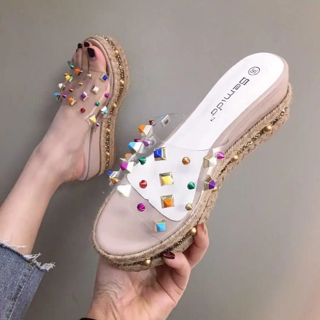 

Fashion 8cm Wedges Heel Women's Summer Rivet Open Toe Heels Women Shoes Summer High Heel