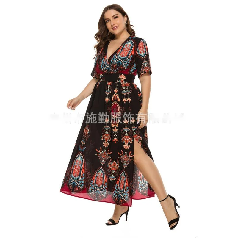 

Plus Size Women's Dress Elegant Bohemian V-neck Elastic Waist Loose Long Office Ladies Vintage Oversize Basic Woman Dress