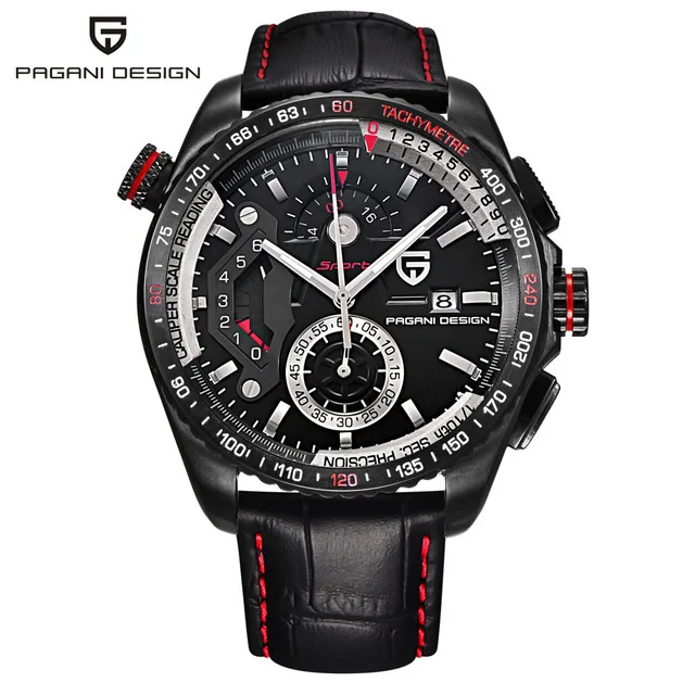 PAGANI Роскошные Брендовые спортивные часы с хронографом мужские Reloj Hombre Водонепроницаемые кожаные кварцевые часы черные часы Relogio Masculino - Цвет: Black
