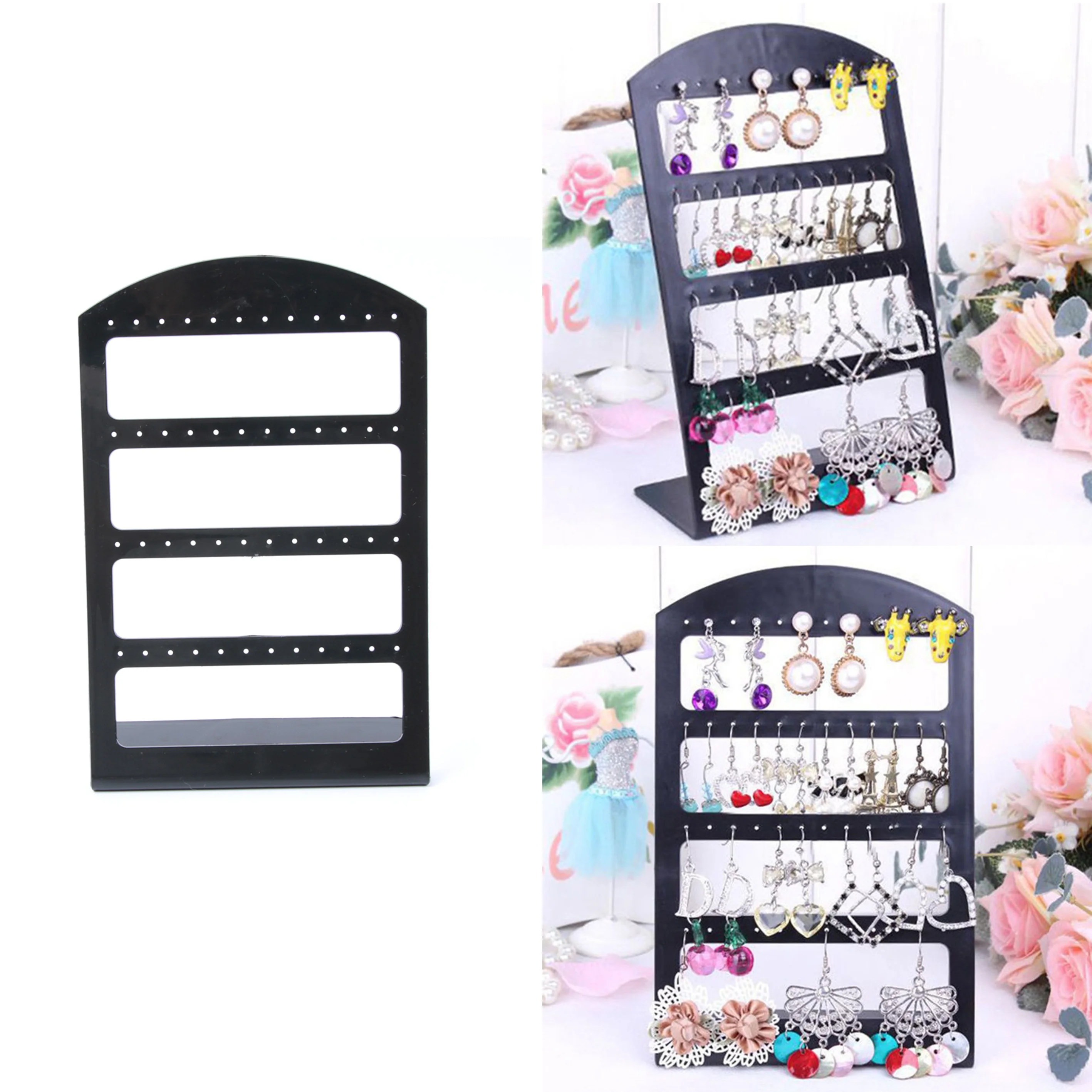

New Arrival Portable Simple 48 Holes Jewelry Organizer Stand Black Plastic Earring Holder Fashion Earrings Display Rack Etagere