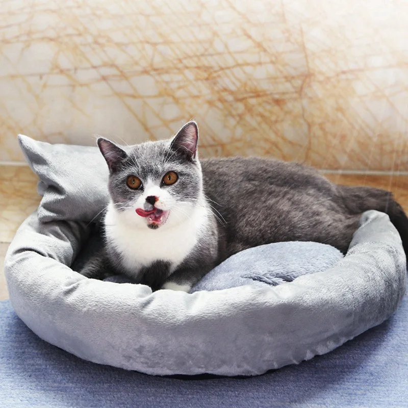 Кошачья кровать круглые плюшевые кошки коврик с подушкой зимние теплые спящего