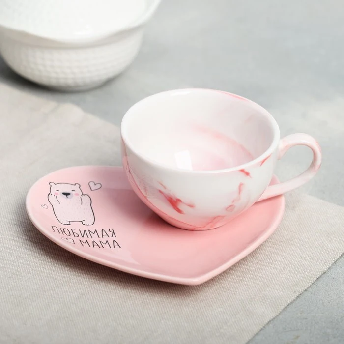 Gift set &quotBeloved Mom": 120 ml mug saucer Kitchen supplies Teaware Sets Dining Bar Home Garden | Дом и сад