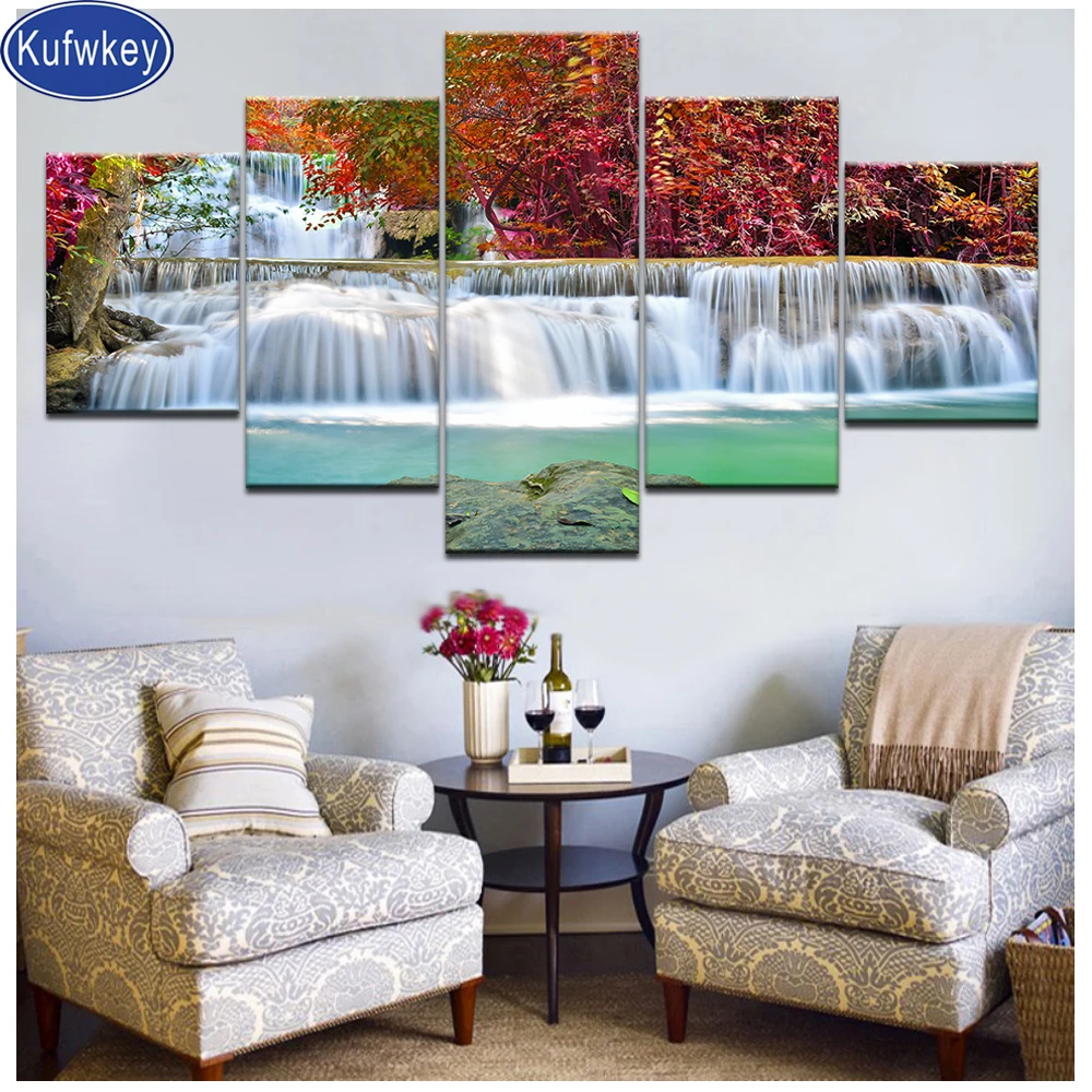 

Full drill Diamond painting Square round Red Maple Waterfall Rhinestone mosaic Cross Stitch Landscape diamond Embroidery 5 pcs
