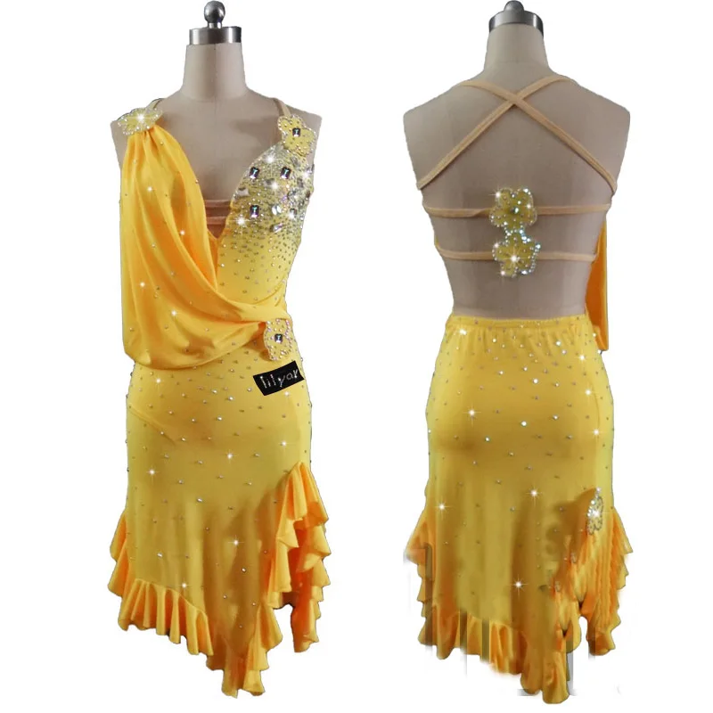 

Женское платье для латиноамериканских танцев, желтое асимметричное сексуальное платье с открытой спиной для соревнований сальсы, румбы, ча...