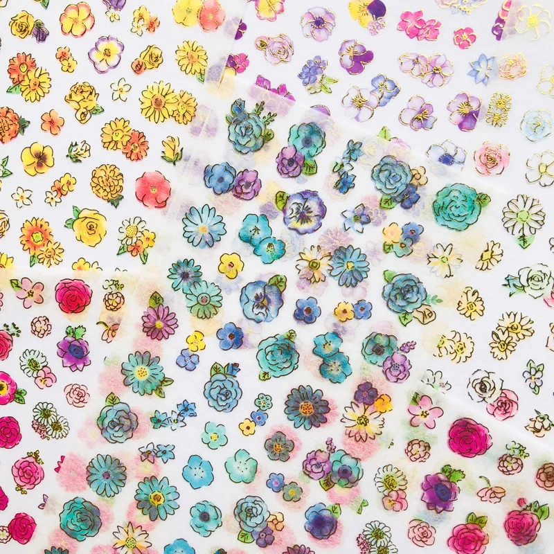 

6 Sheets Colorful Golden Stamp Blooming Flowers Adhesive Stickers Decorative Album Diary Decor