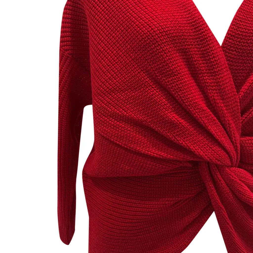 Осенне-зимний вязаный свитер для женщин повседневный красный с длинным рукавом и