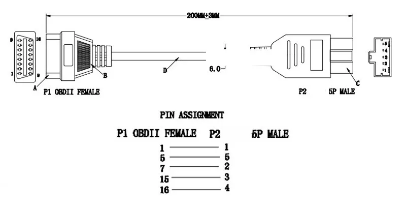 Диагностический кабель с 5-контактным разъемом на 16-контактный разъем OBD/OBD2 для
