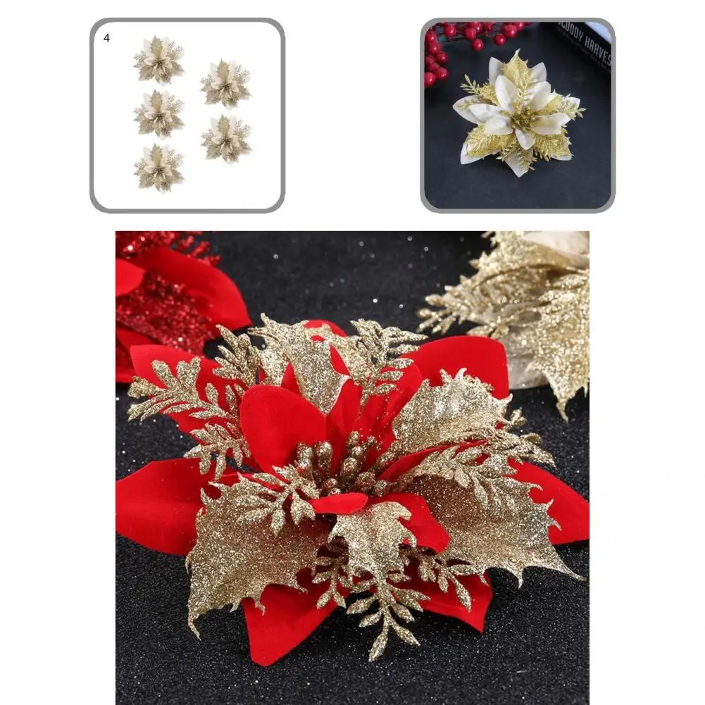 

Fancy Lightweight Fine Workmanship Delicate Glitter Artificial Flowers Simulation Flower Fake Christmas Flower 5Pcs