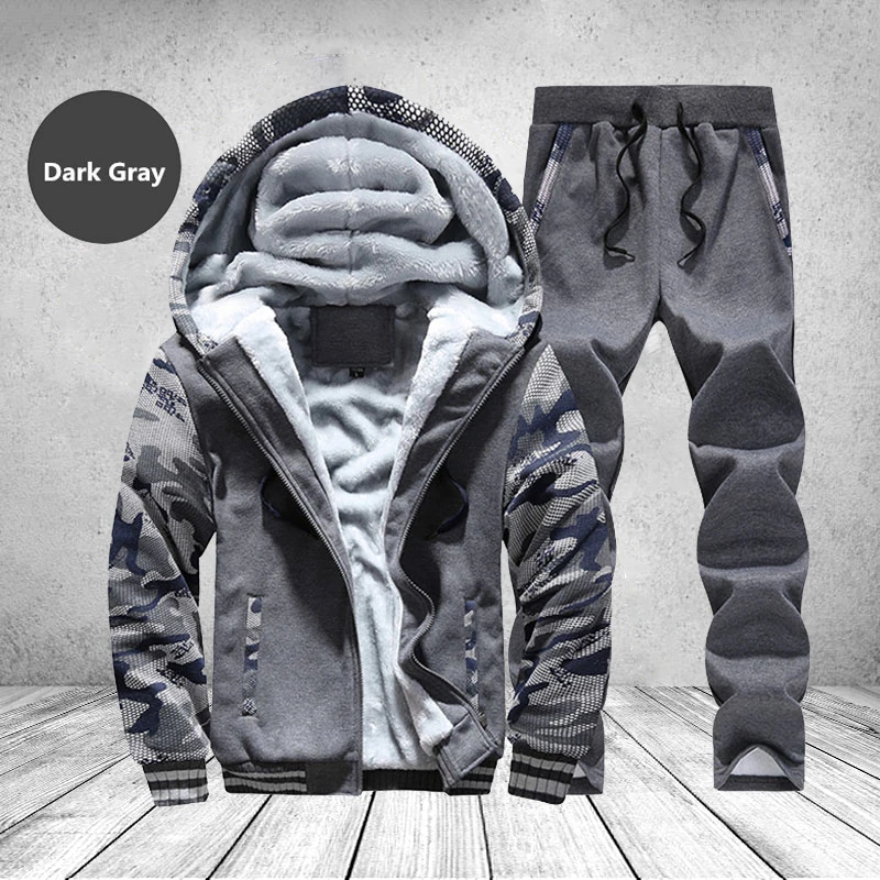 D62 darkgrey Спортивный костюм для мужчин, Спортивная флисовая Толстая мужская куртка с капюшоном+ штаны, теплая зимняя толстовка с мехом внутри, мужской комплект одежды размера плюс M-4XL - Цвет: D62 darkgrey