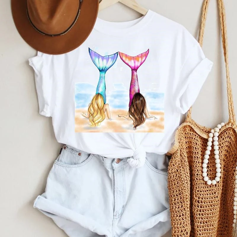 

Female Summer New Fashion T-Shirt Women Cartoon Mermaid Whale Sweet Lovely Trend 90s Fashion Summer Lady Print Tee Graphic T Top