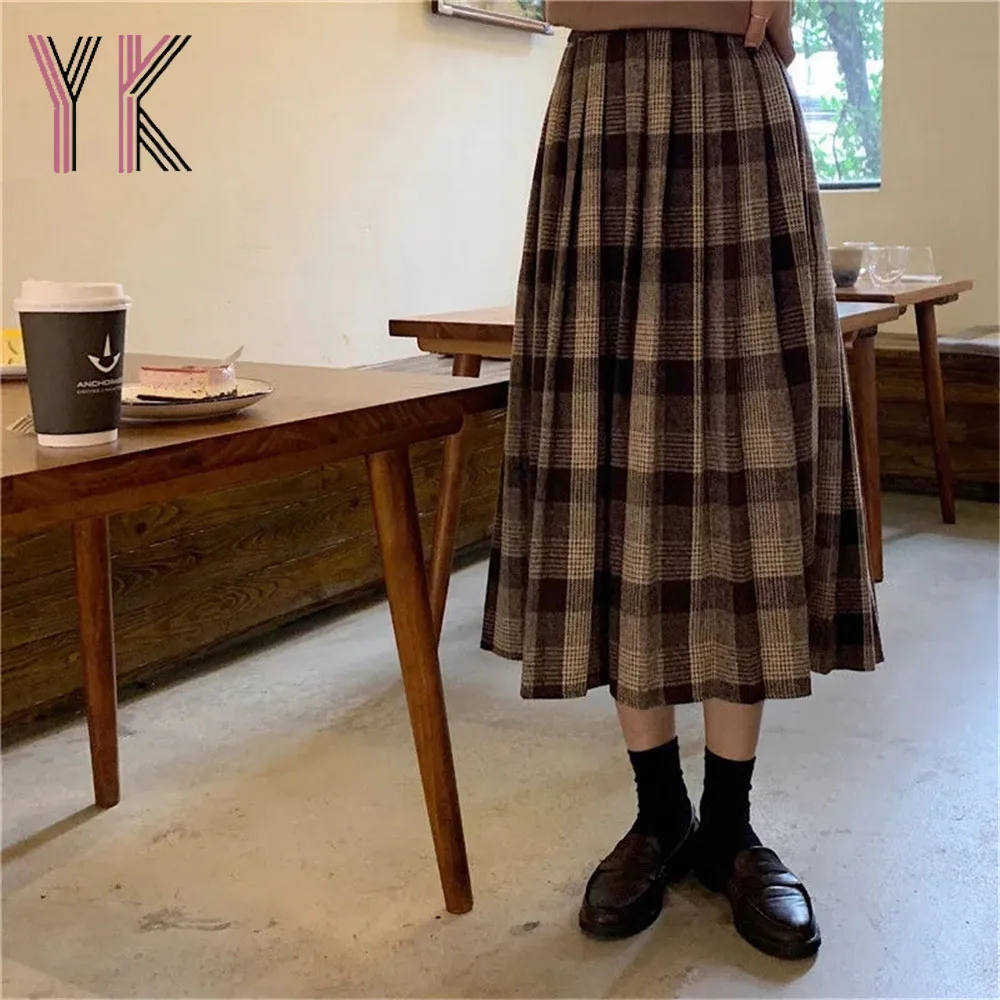 

Woolen Plaid Elastic Band High Waist Pleated Midi Skirts Mori Girl Japanese Style A-Line Skirts Autumn Winter Women Vintage Saia