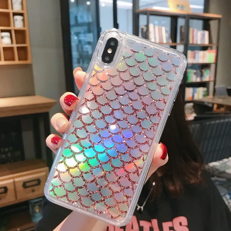 Блестящий лазерный рыбий весы Жидкий чехол для iPhone X Xs Xsmax Xr прозрачный ТПУ