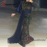 elegant muslim sequin mermaid evening night dress for women 2021 long sleeves o neck formal prom wedding party gowns