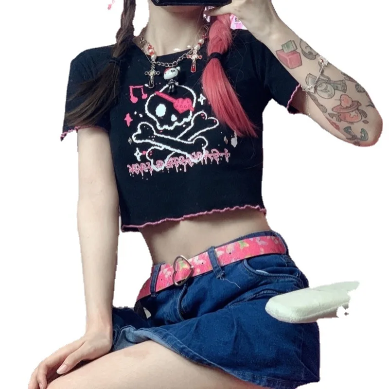 

Women's Graphic Goth Short Sleeve Harajuku Dark Cartoon Navel Exposed T-Shirts Kawaii Crop Fairy Grunge Alternative Top Shirts