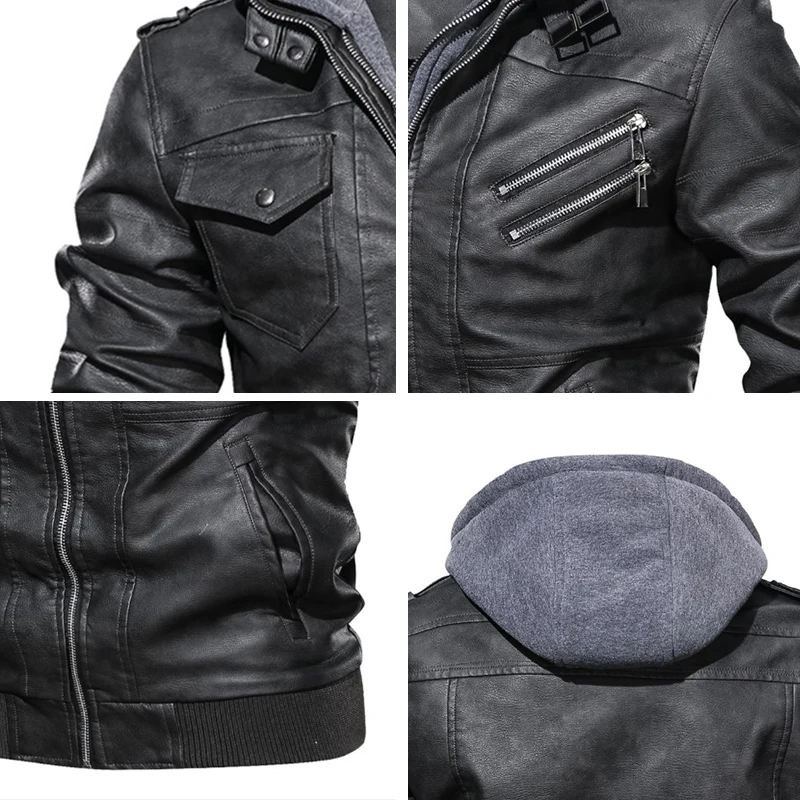 

New Mens Outwear Bomber Vintage Autumn Black PU Leather Casual Jacket Slim Fit Motorcycle Biker Coats Removable Hood