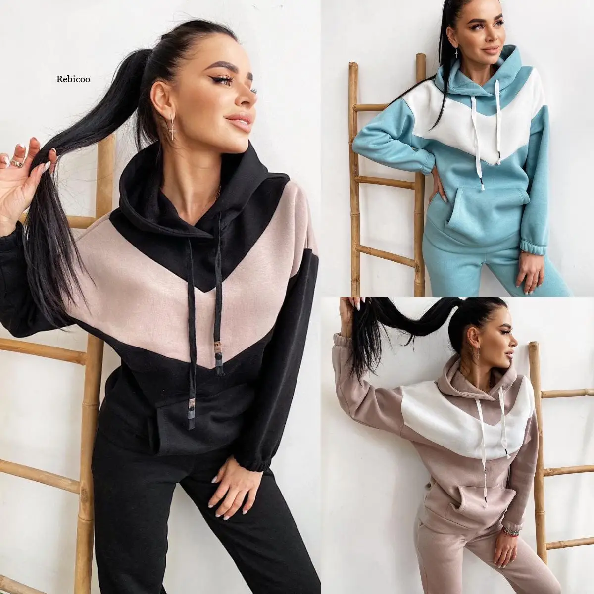 

Women's Autumn Tracksuit Streetwear Color Block Vacation Two Piece Set Hoodie Tracksuit Pant Drawstring Bell Sleeve Tops