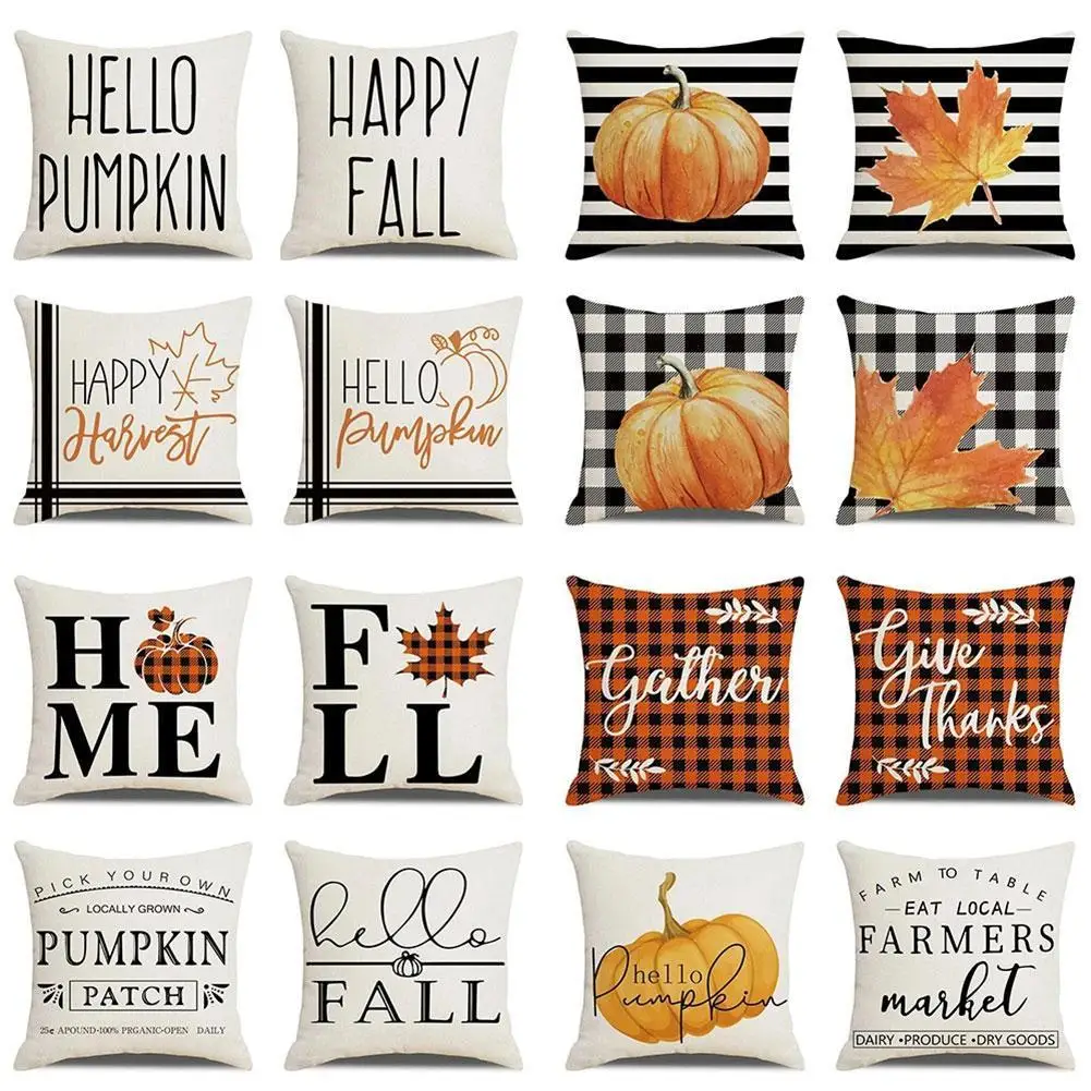 

Fall Square Pumpkin Maple Leaf Cushion Covers Farmhouse Decor Thanksgiving Buffalo Check Linen Throw Pillow Covers 18x18 Inch