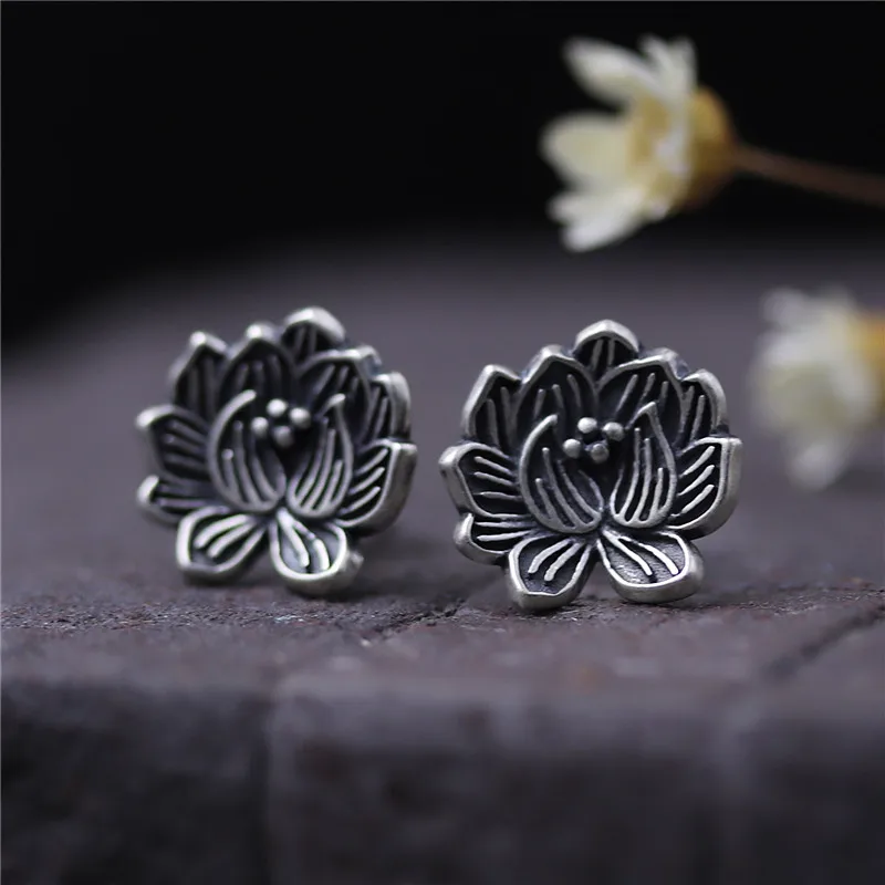 

925 Sterling Silver Lotus Flower Earrings Vintage Jewelry Stud Earrings For Women Mothers Day Gift