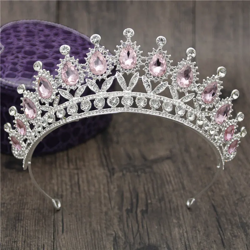 Silver Pink Великолепные розовые ободки с кристаллами, королевские диадемы и короны, свадебные ободки для волос, вечерние украшения для волос на выпускной - Окраска металла: Silver Pink