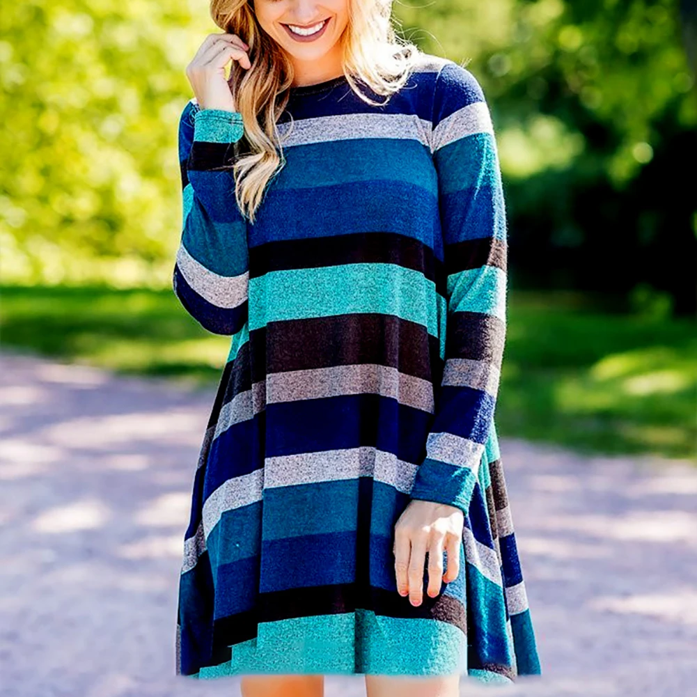 Удобное повседневное зимнее Свободное платье в полоску с длинными рукавами
