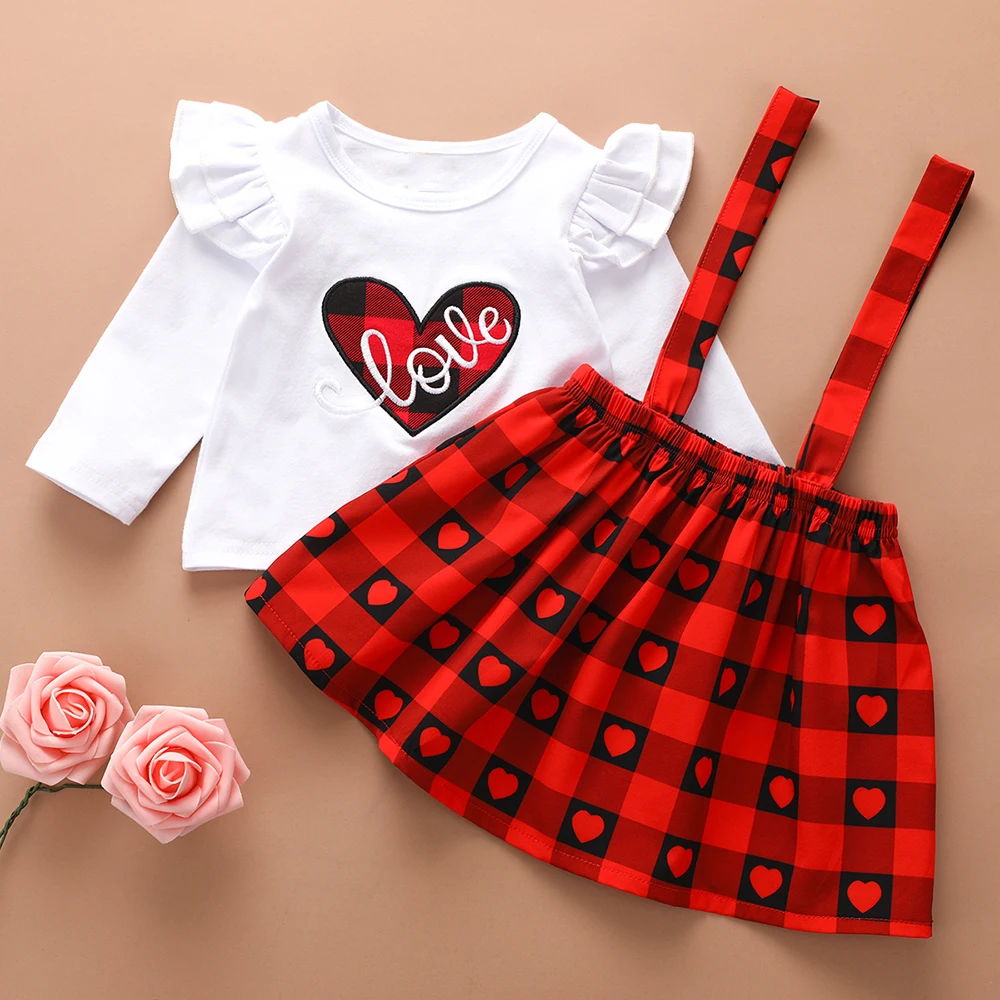 OEAK Toddler Kids Baby Girls Valentine's Day Heart Tops Plaid Skirts Outfits Clothes Long Sleeve Summer Clothing Sets | Мать и