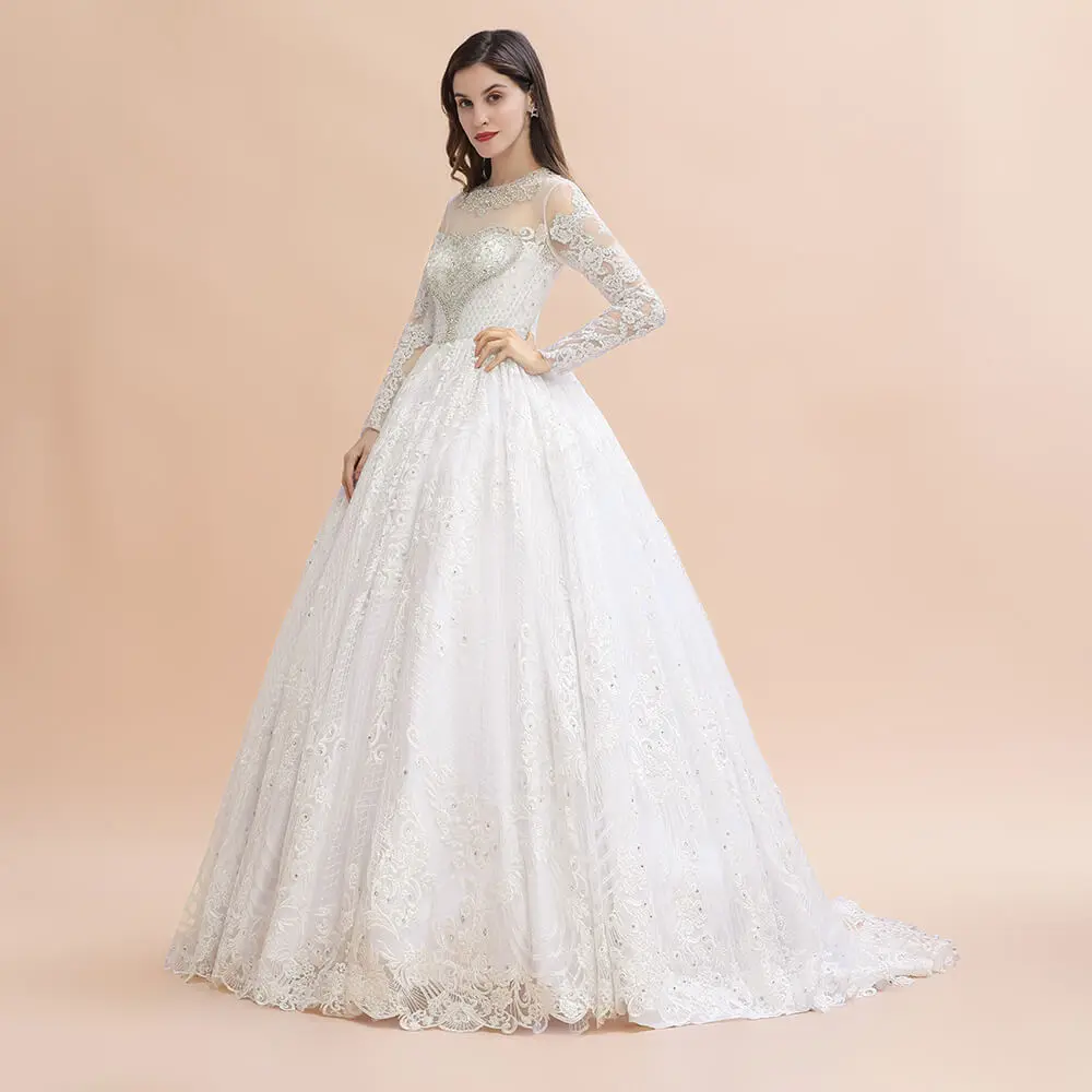 Romantic Heart Shape Beads Ball Gown Wedding Dresses 2020 Sexy Illusion Back Long Sleeve Wedding Bridal Gowns Robe De Mariee