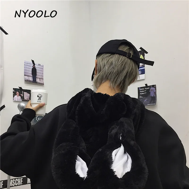 NYOOLO Harajuku стиль Свободные толстовки с заячьими ушками осень зима плюс бархат длинный рукав с капюшоном Пуловеры Толстовка для женщин и мужчин топы