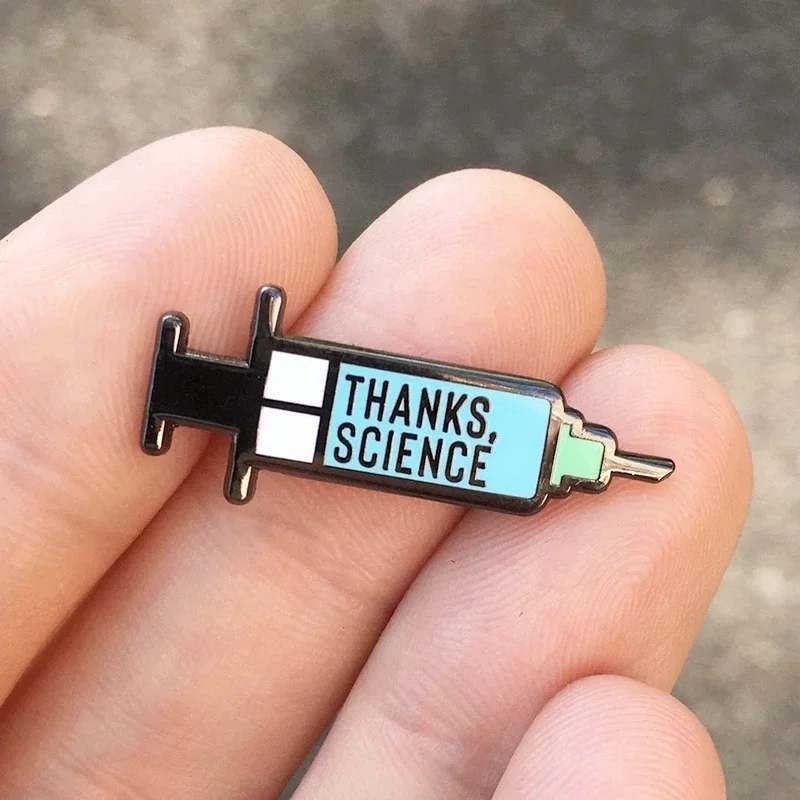 

New Thanks Scienc Buckle Vaccine Syringe Brooch Pins Enamel Metal Badges Lapel Pin Brooches Jackets Fashion Jewelry Accessories